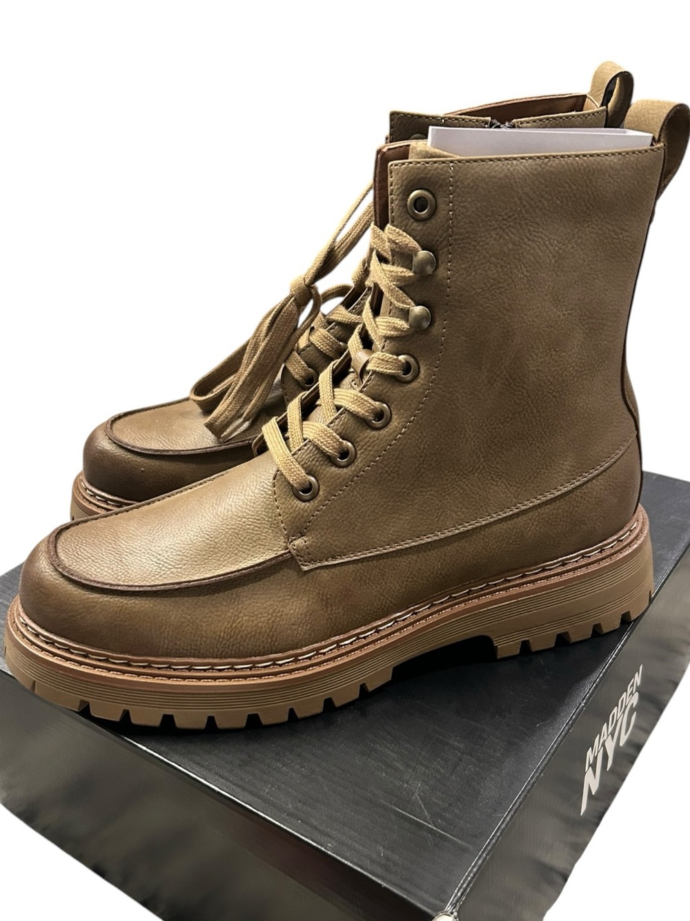 NEW Madden NYC Men's Taupe Combat Boots Lace Up Side Zip Casual 13 Faux Leather